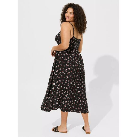 New Torrid Tea Length Challis Square Neck Dress Black Smocked Pocket Strap Sz 1X - Picture 3 of 12